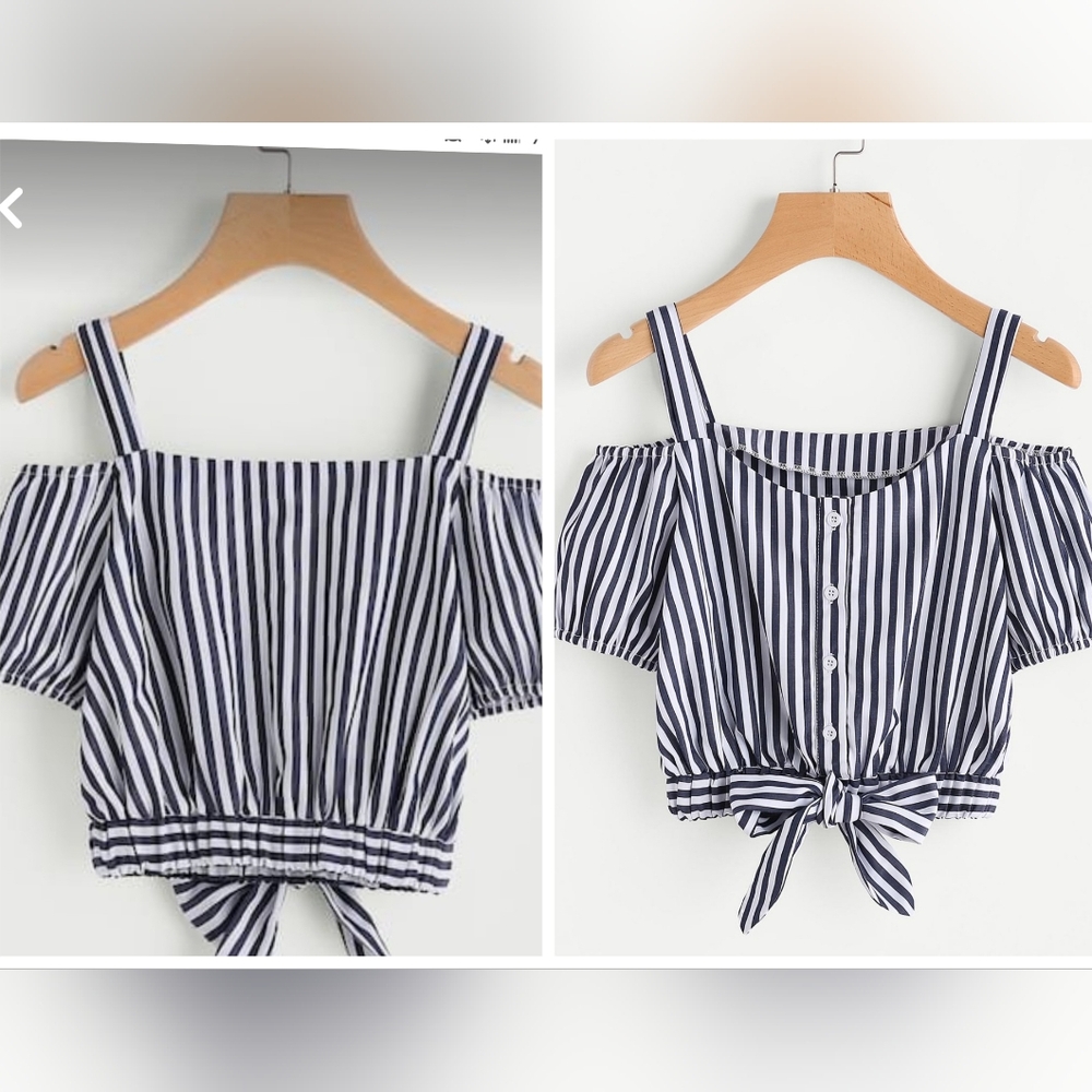 2/$15 Women's Boho Striped Print Off Shoulder Short Sleeve Tie Front shirt